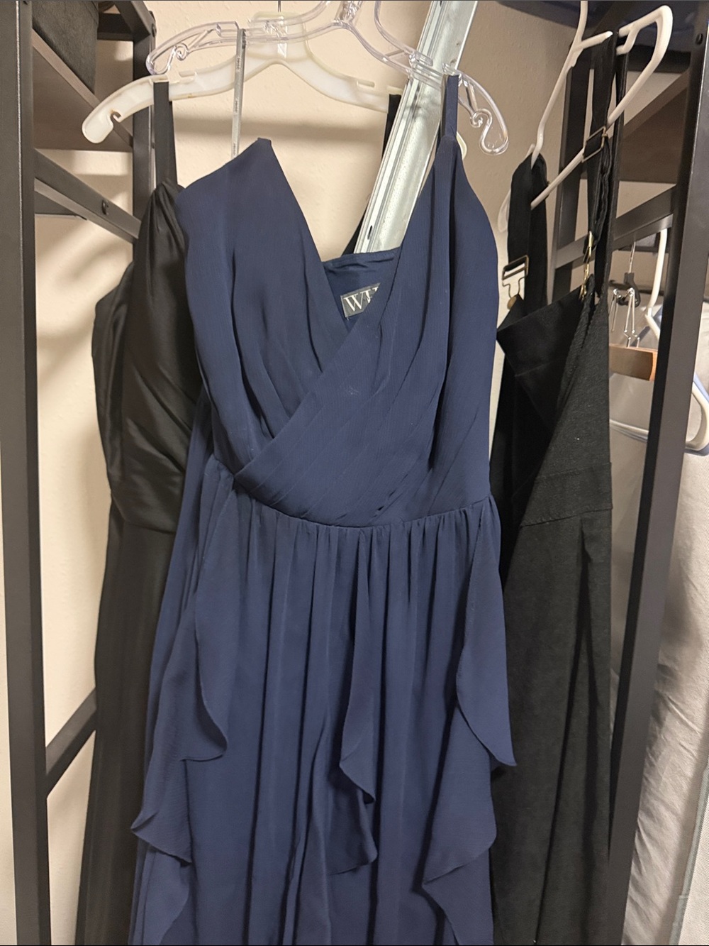 White by Vera Wang Navy Draped Chiffon Ruffled Prom Dress